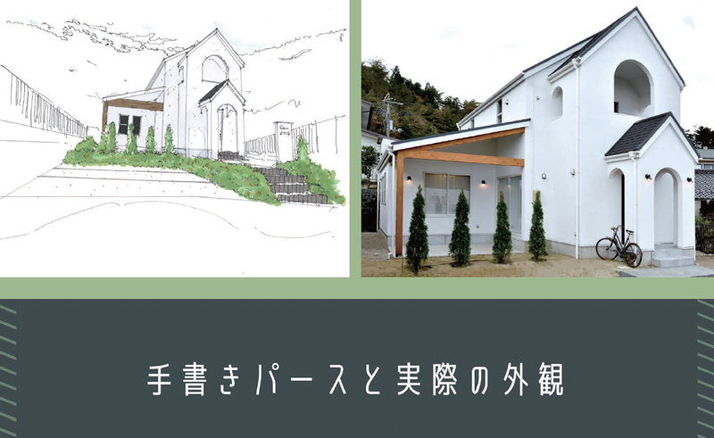 建物の奥行きや雰囲気だけではなく、お客さまへの想いもしっかりと伝わってくる手描きパースと実際の外観